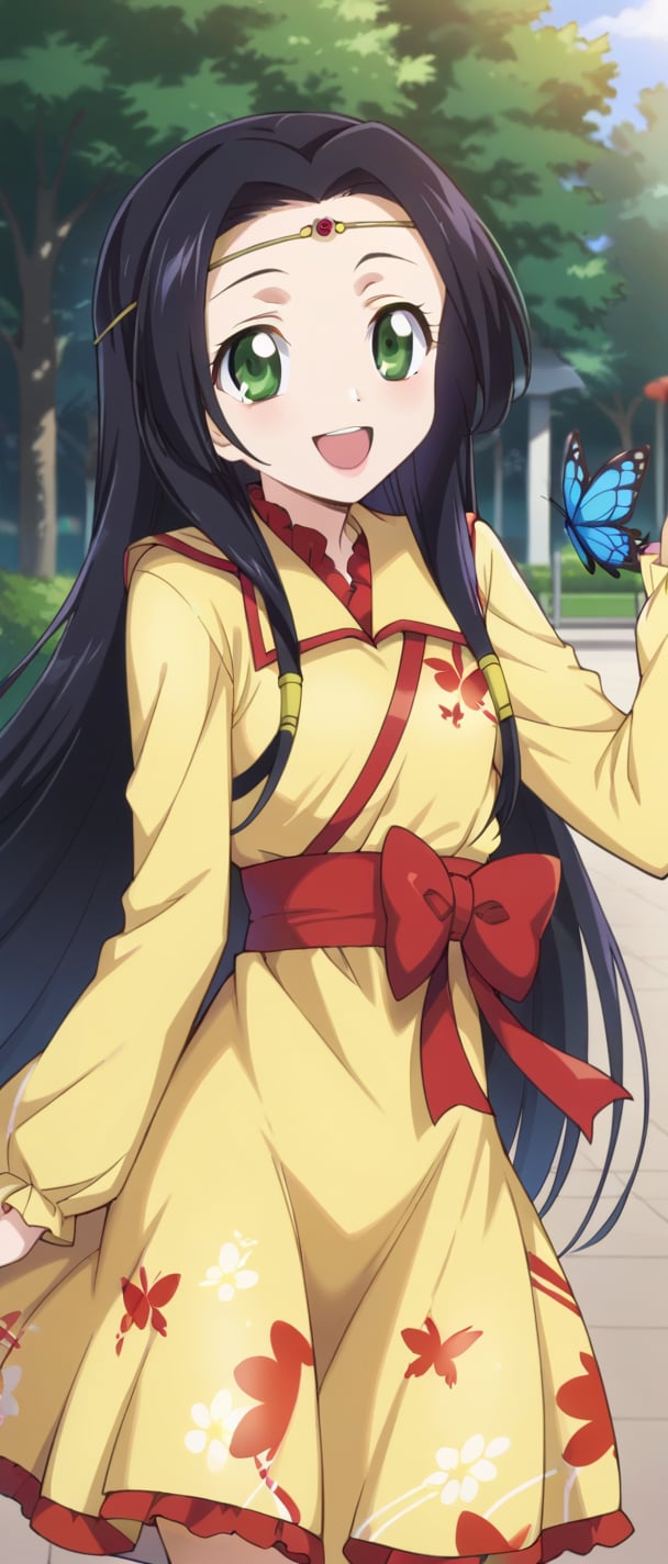 sumeragi kaguya, green eyes, black hair, long hair, hair tubes, red bow, yellow dress, squar necked dress, butterfly print, long sleeves, smiling, sunny day, park, mouth open teeth, 
