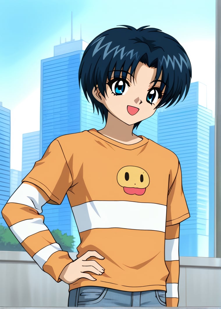 1boy, solo, kaoru matsutake, blue hair, grey eyes, jeans, orange t shirt,  striped shirt, longe sleeves, smile, city, mouth open, hand on hip, 