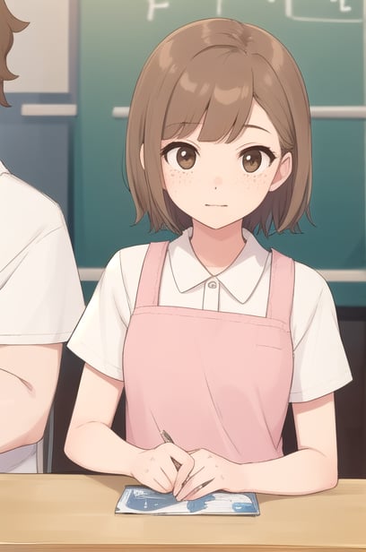 1girl, short hair, brown hair, dress, brown eyes, short sleeves, solo focus, table, freckles, kyoko1