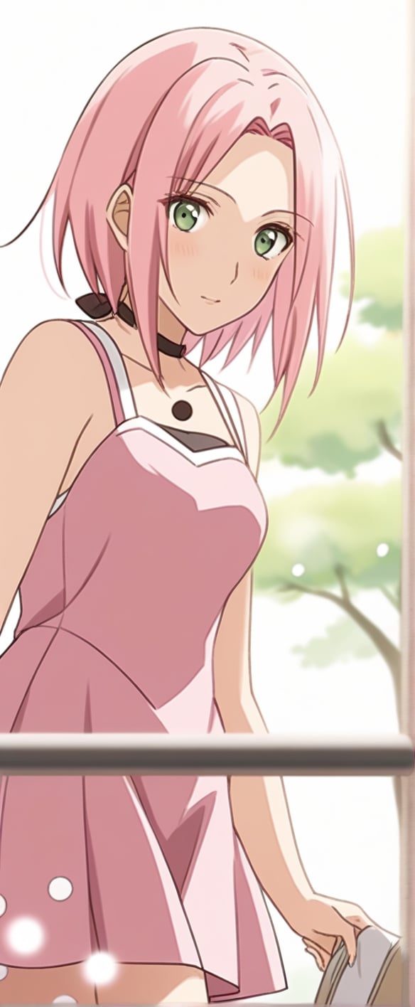 sakura haruno,haruno sakura,green eyes,pink hair, pinkdress, polka dot dress, daytime, 