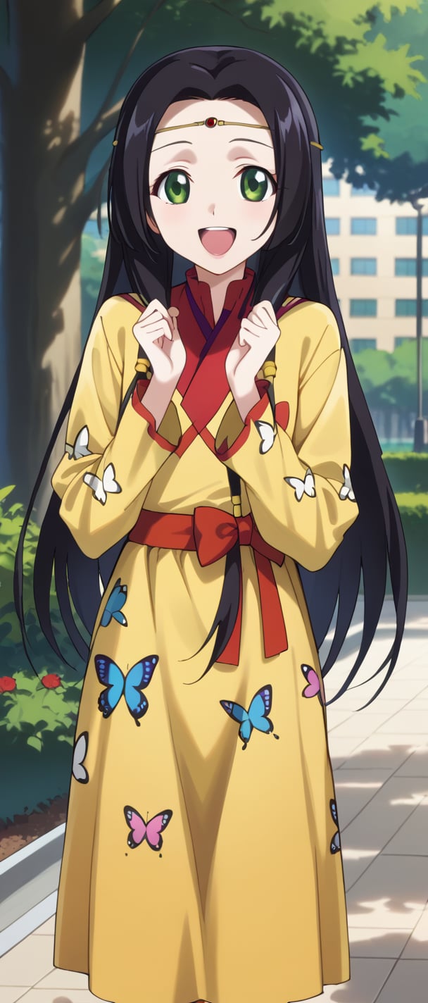 sumeragi kaguya, green eyes, black hair, long hair, hair tubes, red bow, yellow dress, butterfly print, long sleeves, smiling, sunny day, park, mouth open teeth, 
