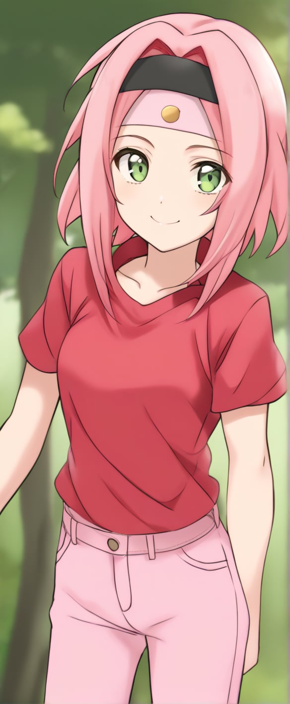 1girl, pink hair, short hair, green eyes, forehead protector, red t shirt, capped, slevees, pink  jeans, smile, Sakura