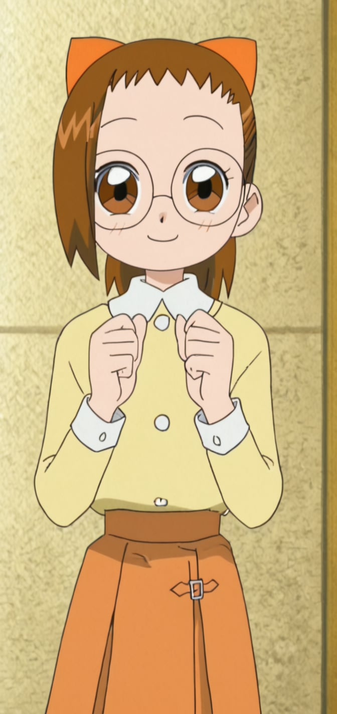  1girl, solo, hazukitchi, brown eyes, glasses, brown hair, hair bow, short hair, ponytail, yellow shirt, long sleeves, orange skirt, smile, 