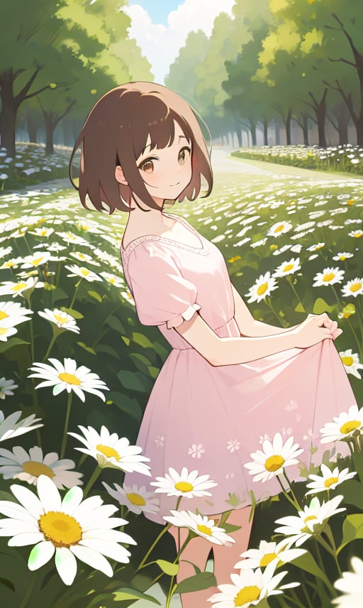 kyoko1, pink dress, flower Pattern dress, brown hair, brown hair, short hair, long slevess, looking at viewer, masterpiece, high quality, daytime, garden, outdoor, daisies,