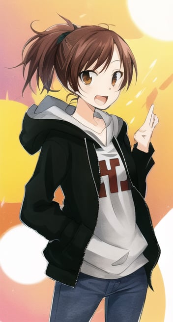 1girl, solo, brown hair, long sleeves, brown eyes, ponytail, hood, hoodie, hood down, clothes writing, yellow hoodie,Miura Haru