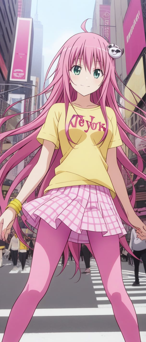 Lala Satalin Deviluke, yellow shirt, pink skirt, new york, pink leggings