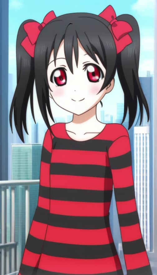 solo, shirt, long sleeves,  striped,  striped dress, cropped torso, 1girl, niko yazawa, black hair, red eyes, bow, twintails, hair bow, looking at viewers, daytime, city, outdoors, smile, 