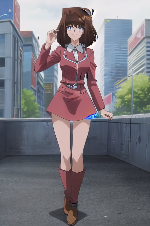  1girl, duel monsters ,hair brown ,blue eyes, Brown hair, anzu mazaki, duel monsters , hair brown , yellow dress, long sleeves, outdoors, day time city, short hair, masterpiece, best quality, smiling, full body, red black boots 