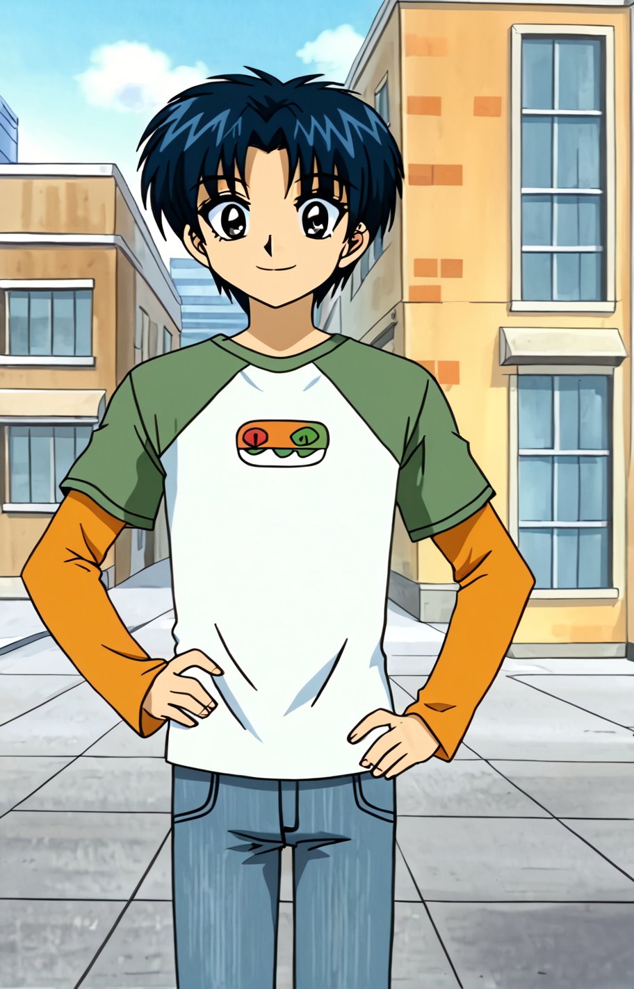 1boy, solo, kaoru matsutake, blue hair, grey eyes, jeans, t shirt,  ORANGE RANGLAN longe sleeves, smile, city, mouth open, hand on hip, outdoors, UHD, 