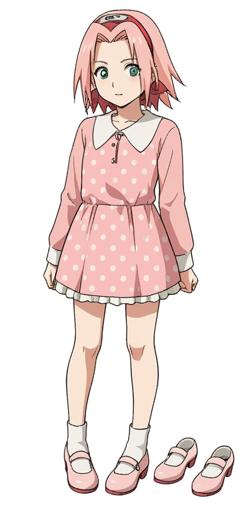 1girl, solo, simple background, brown hair, long sleeves, white background, dress, polka dot, pink dress, crossdressing, polka dot dress,sakura haruno,haruno sakura,green eyes,pink hair, full body pink shose, pink footwear, shoes removed