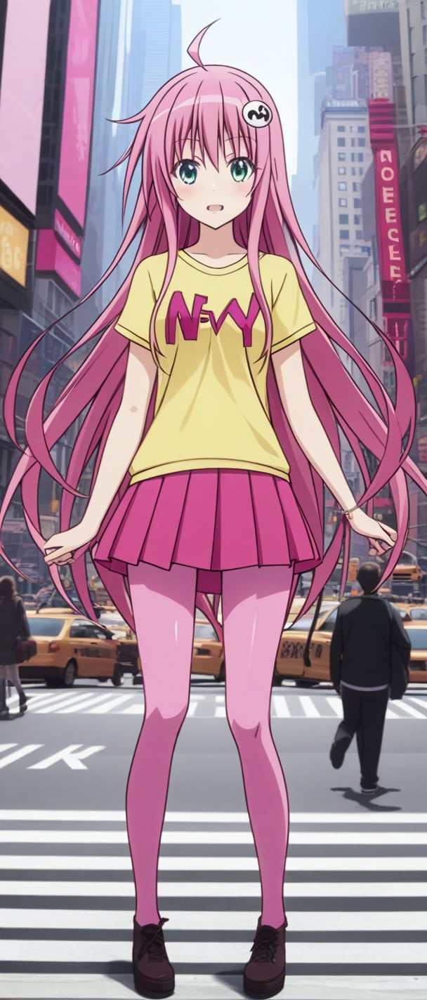 Lala Satalin Deviluke, yellow shirt, pink skirt, new york, pink leggins