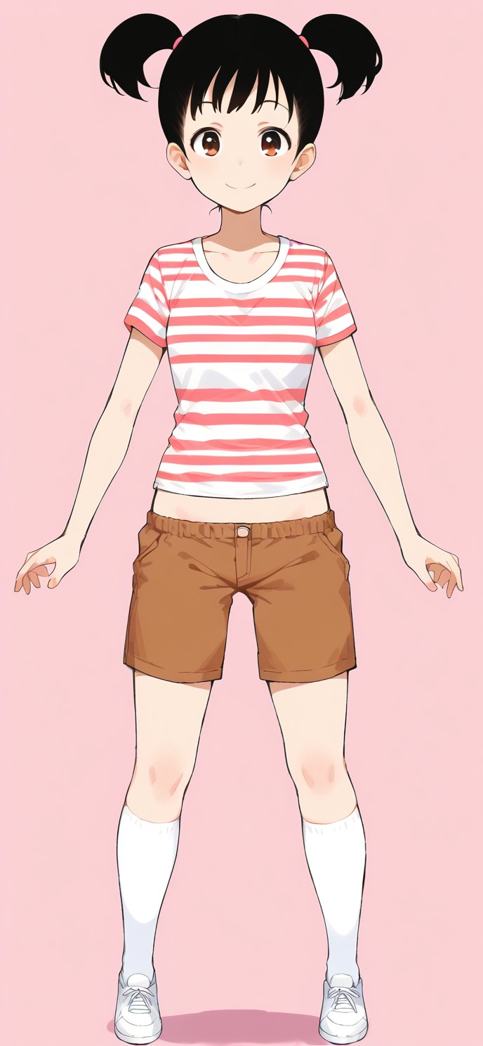 1girl, solo, smile, short hair, simple background, shirt, black hair, twintails, brown eyes, full body, shoes, shorts, socks, midriff, striped, kneehighs, pink background, short twintails, white socks, sneakers, striped shirt, brown shorts