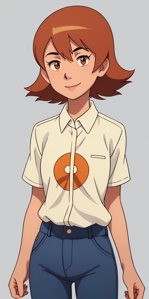  smile, short hair, orange hair, orange eyes, digimon 1girl, solo, smile simple background, shirt, white background,  standing, short sleeves, cowboy shot, collared shirt, pants, lips, denim, yellow shirt, jeans, realistic, arms at sides, head out of frame, helmet, sora_takenouchi