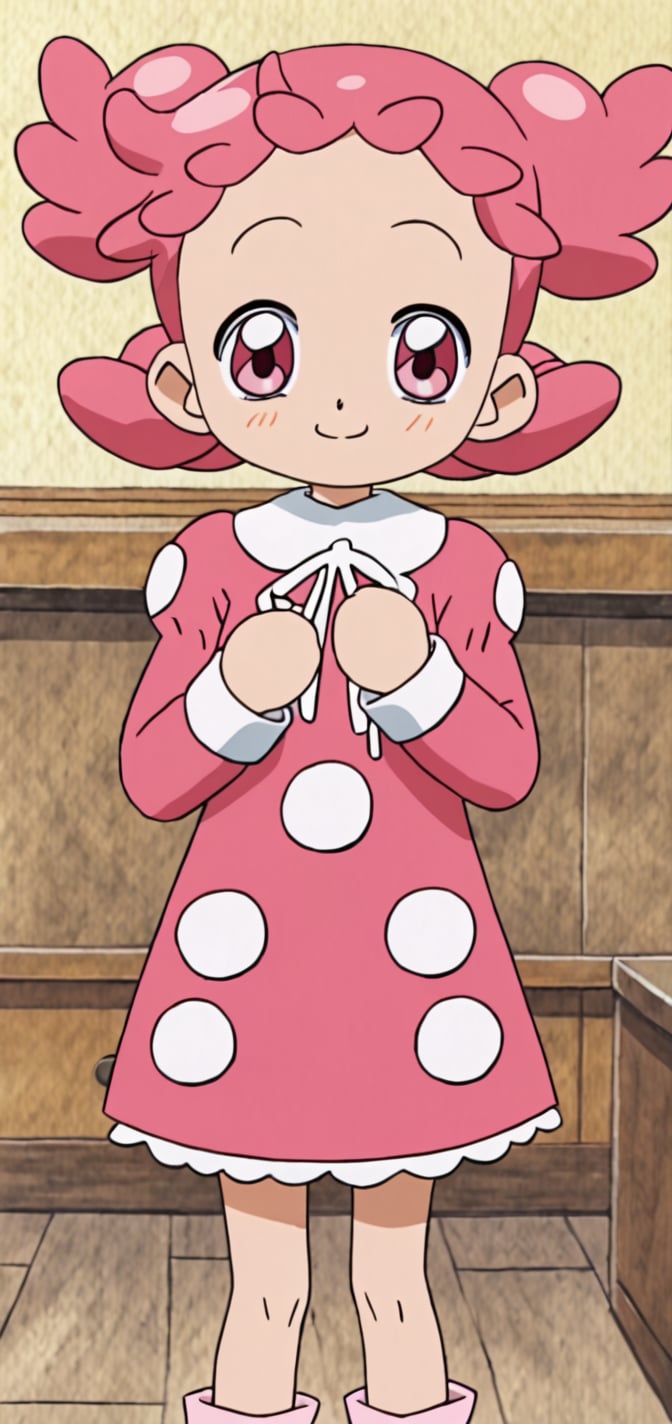 1girl, solo, momokochan, blonde hair, green eyes, long hair, hair rings, harupop, pink hair, short hair, pink eyes, pink polka dot dress, long sleeve, smile