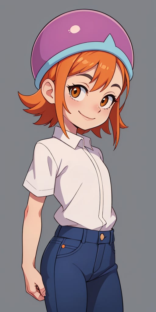 SoraDef, smile, short hair, orange hair, orange eyes, digimon 1girl, solo, smile simple background, shirt, white background,  standing, short sleeves, cowboy shot, collared shirt, pants, lips, denim, yellow shirt, jeans, realistic, arms at sides, head out of frame, helmet