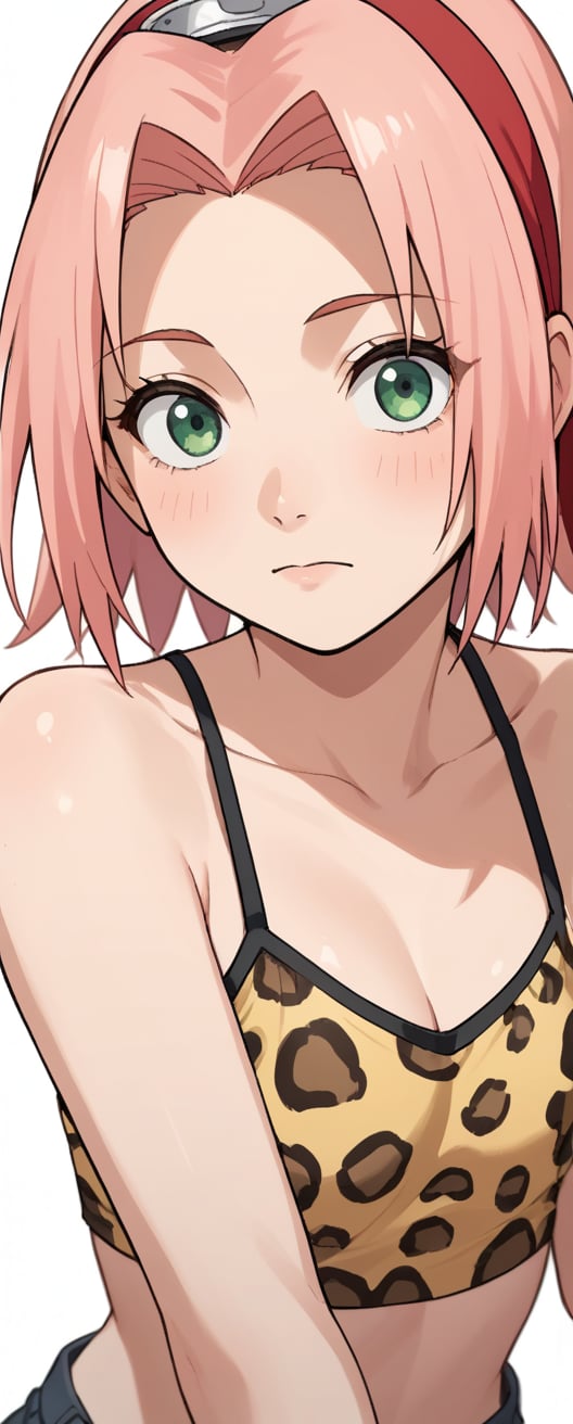 1girl, solo, simple background, brown hair, white background, animal print, leopard print,pink hair,green eyes,haruno sakura, sakura haruno,BREAK,source_anime,score_4_up,score_5_up,score_6_up,score_7_up,score_8_up,score_9, looking_at_viewer cowboy shot