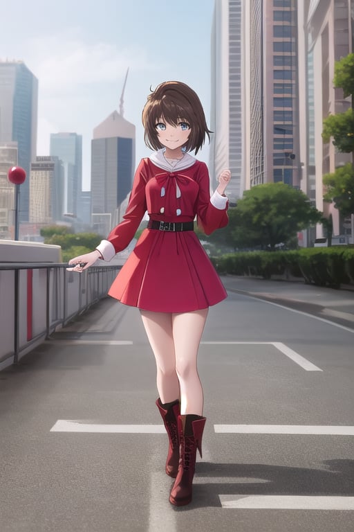  1girl, duel monsters ,hair brown ,blue eyes, Brown hair, anzu mazaki, duel monsters , hair brown , yellow dress, long sleeves, outdoors, day time city, short hair, masterpiece, best quality, smiling, full body, red black boots 