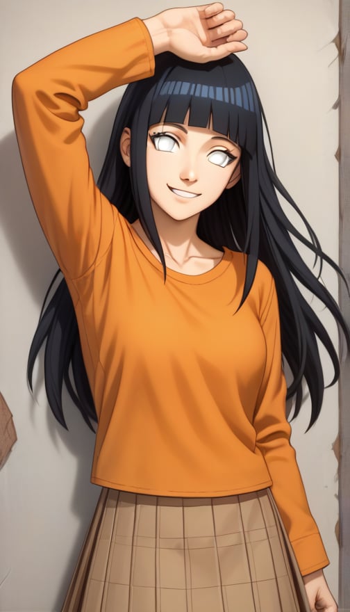 score_9, score_8_up, score_7_up, score_6_up, score_5_up, score_4_up, BREAK, source_anime,1girl, hinata_shippu, long hair,  white eyes, no pupils, orange t shirt,  brown skirt, tartan_skirt, smile, long sleeves, collarbone, simple_background, yellow backgrownd, smile,