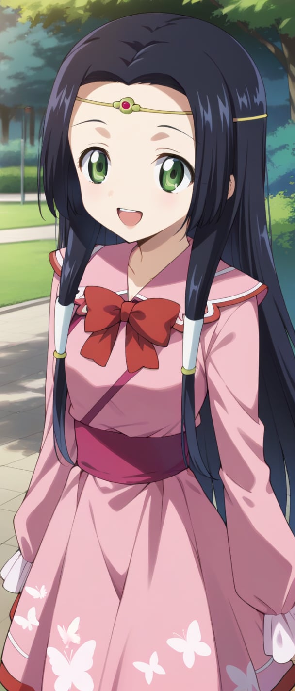 sumeragi kaguya, green eyes, black hair, long hair, hair tubes, red bow, pink dress, butterfly print, puffy_ long sleeves, smiling, sunny day, park, mouth open teeth, 
