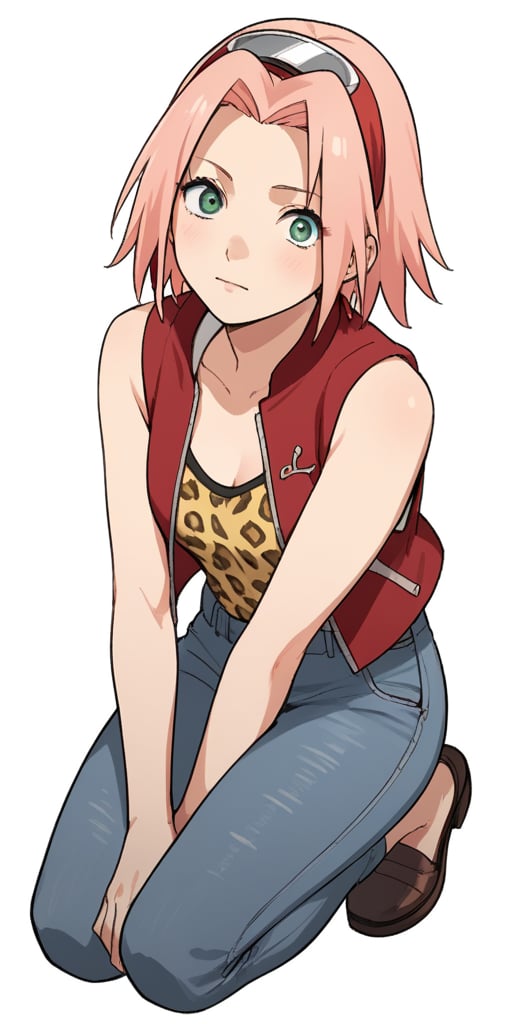 1girl, solo, simple background, brown hair, white background, animal print, leopard print,pink hair,green eyes,haruno sakura,sakura haruno,BREAK,source_anime,score_4_up,score_5_up,score_6_up,score_7_up,score_8_up,score_9, looking_at_viewer blue jeans, full body