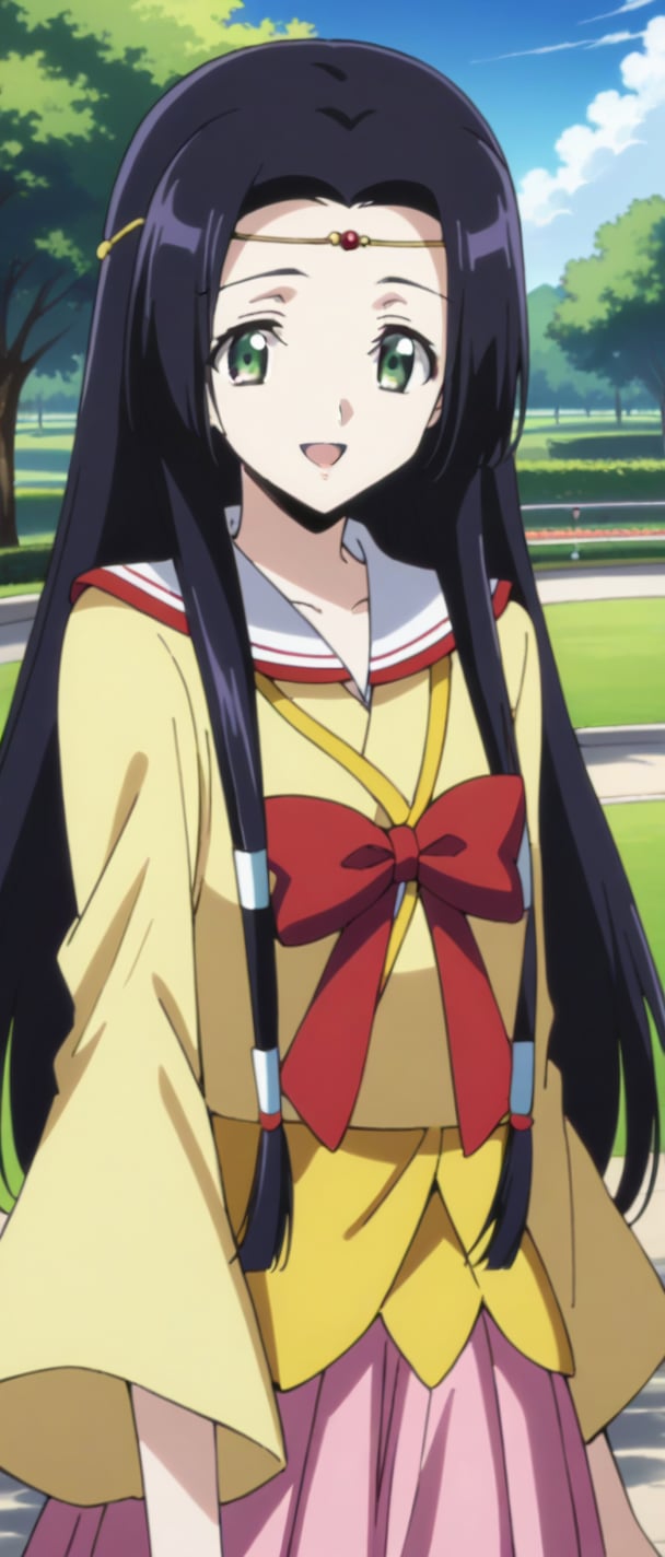 sumeragi kaguya, green eyes, black hair, long hair, hair tubes, red bow, yellow t shirt, pink skirt, butterfly print, long sleeves, smiling, sunny day, park, mouth open teeth, 
