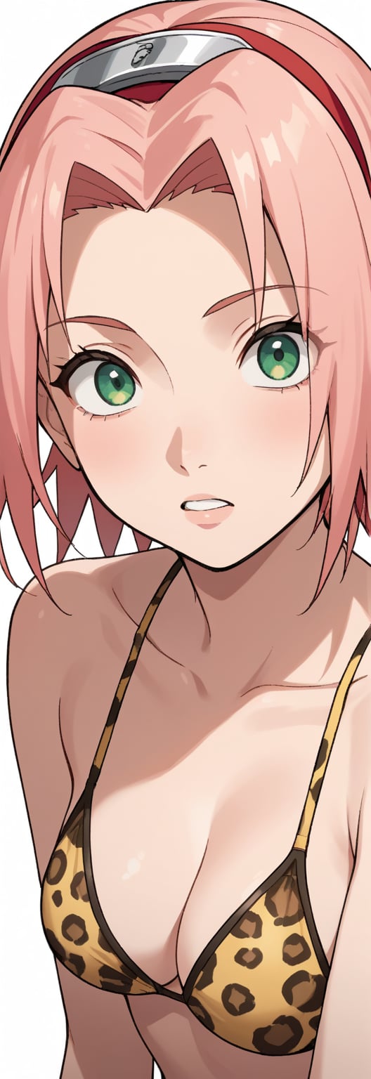 1girl, solo, simple background, brown hair, white background, animal print, leopard print,pink hair,green eyes,haruno sakura,sakura haruno,BREAK,source_anime,score_4_up,score_5_up,score_6_up,score_7_up,score_8_up,score_9, looking_at_viewer