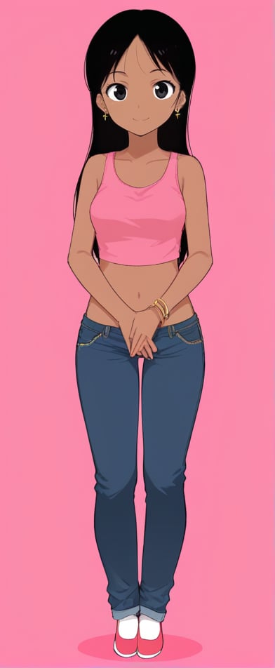 1girl, solo, long hair, looking at viewer, smile, simple background, black hair, brown skin, navel, jewelry, standing, full body, earrings, shoes, midriff, pants, black eyes, crop top, pink background, own hands together, tank top, denim, jeans