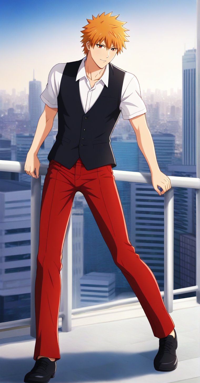 1boy, solo, masterpice, ichigokurosaki, white shirt, black vest, Longe slevees, red pants, city, outdoors, 