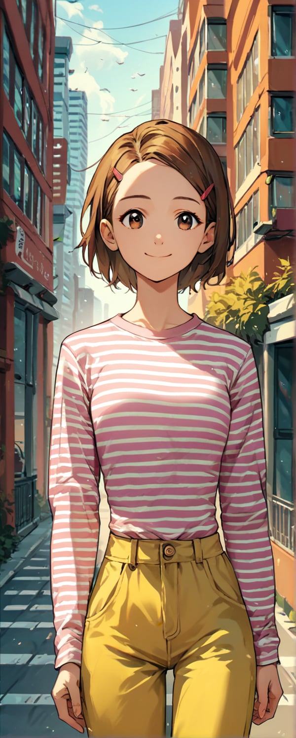 score_9, score_8_up, score_7_up, score_6_up, score_5_up, score_4_up, source_anime, hikari yagami, brown hair, brown eyes, hair clip, forehead,  striped shirt, pink shirt,  long sleeves, yellow pants, daytime, city, autumn,  smile,BREAK