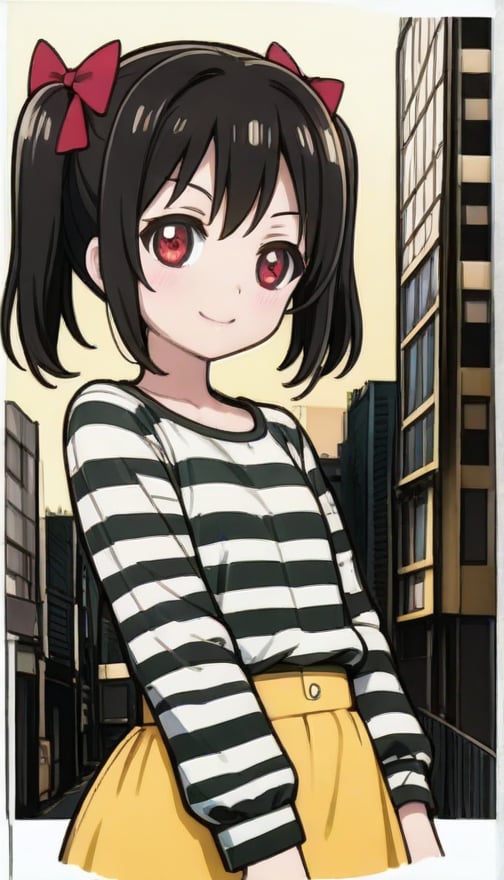 solo, shirt, long sleeves,  striped,  striped shirt, cropped torso, 1girl, niko yazawa, black hair, red eyes, bow, twintails, hair bow, yellow skirt, looking at viewers, daytime, city, outdoors, smile, 