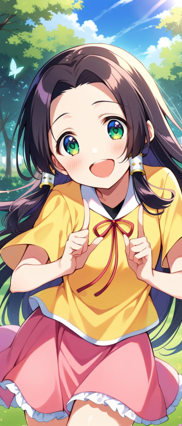 sumeragi kaguya, green eyes, black hair, long hair, hair tubes, yellow t shirt, pink skirt, butterfly print, smiling, sunny day, park, mouth open teeth, capped slevees,
