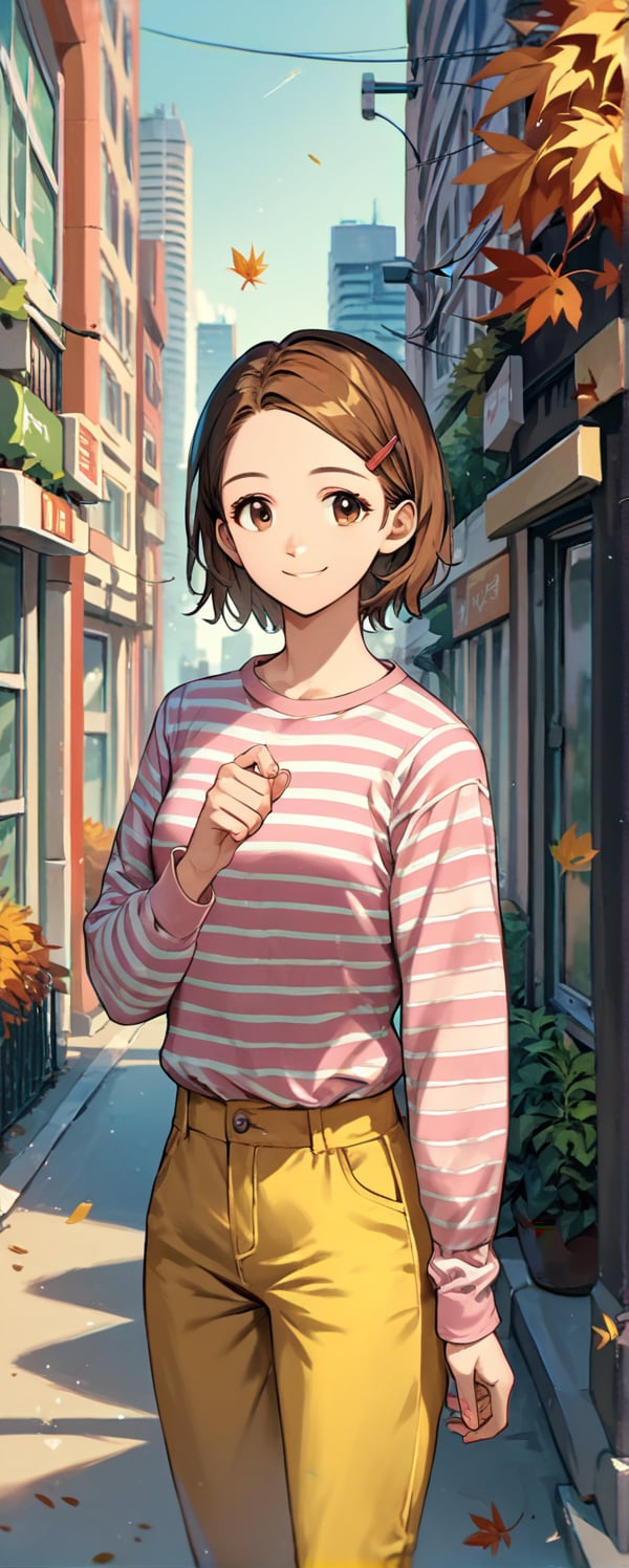 score_9, score_8_up, score_7_up, score_6_up, score_5_up, score_4_up, source_anime, hikari yagami, brown hair, brown eyes, hair clip, forehead,  striped shirt, pink shirt,  long sleeves, yellow pants, daytime, city, autumn,  smile,BREAK