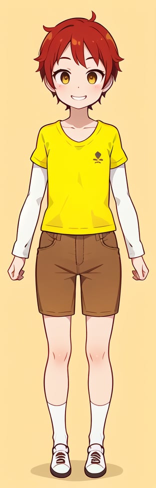 1girl, solo, looking at viewer, smile, short hair, simple background, shirt, long sleeves, 1boy, brown eyes, standing, full body, red hair, shoes, shorts, socks, grin, white socks, t-shirt, sneakers, yellow background, yellow shirt, arms at sides, layered sleeves, short over long sleeves, brown shorts