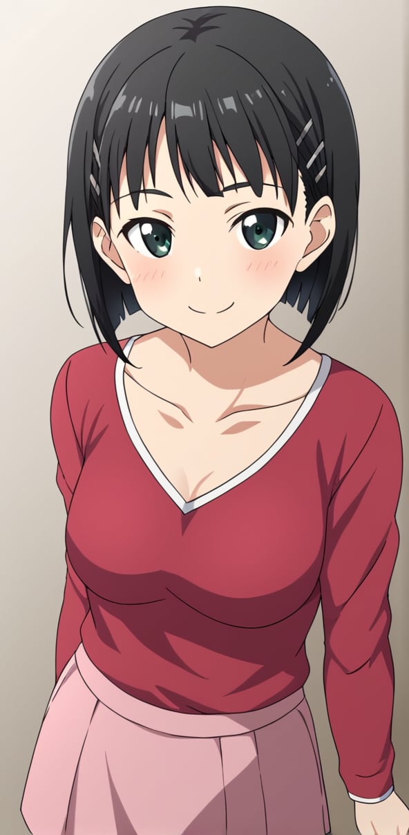 suguha, borwn hair, short hair, green eyes, 1girl, solo, red t shirt, off sholder, collarbone, pink skirt, a-line skirt,  smile, yellow twofer long sleeve,