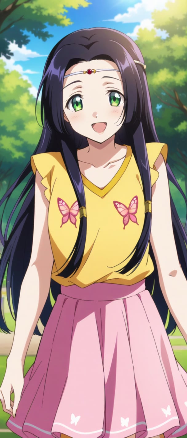 sumeragi kaguya, green eyes, black hair, long hair, hair tubes, yellow t shirt, pink skirt, butterfly print, smiling, sunny day, park, mouth open teeth, capped slevees, standing,
