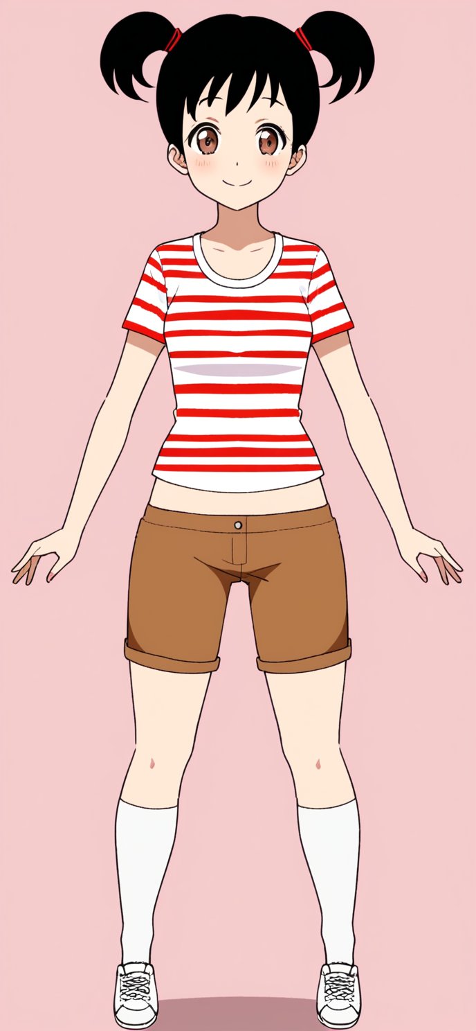 1girl, solo, smile, short hair, simple background, shirt, black hair, twintails, brown eyes, full body, shoes, shorts, socks, midriff, striped, kneehighs, pink background, short twintails, white socks, sneakers, striped shirt, brown shorts