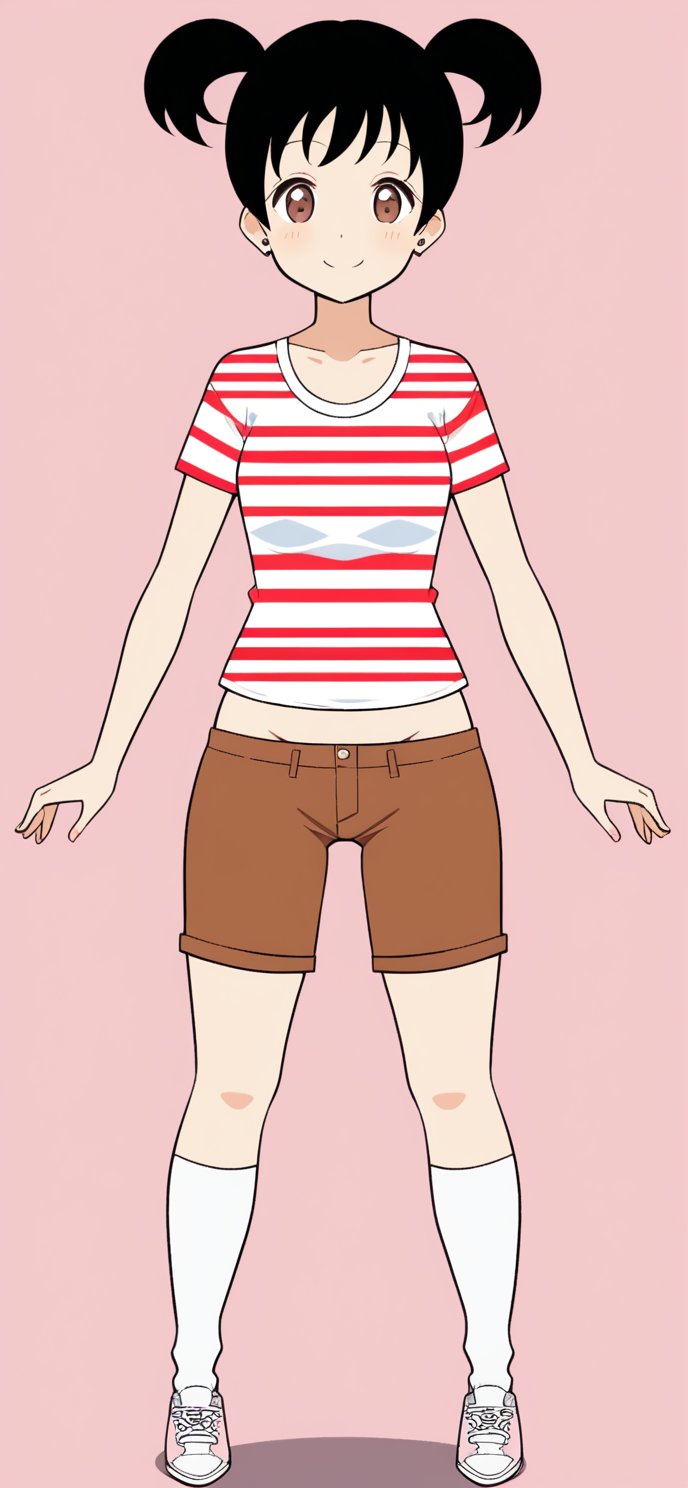 1girl, solo, smile, short hair, simple background, shirt, black hair, twintails, brown eyes, full body, shoes, shorts, socks, midriff, striped, kneehighs, pink background, short twintails, white socks, sneakers, striped shirt, brown shorts