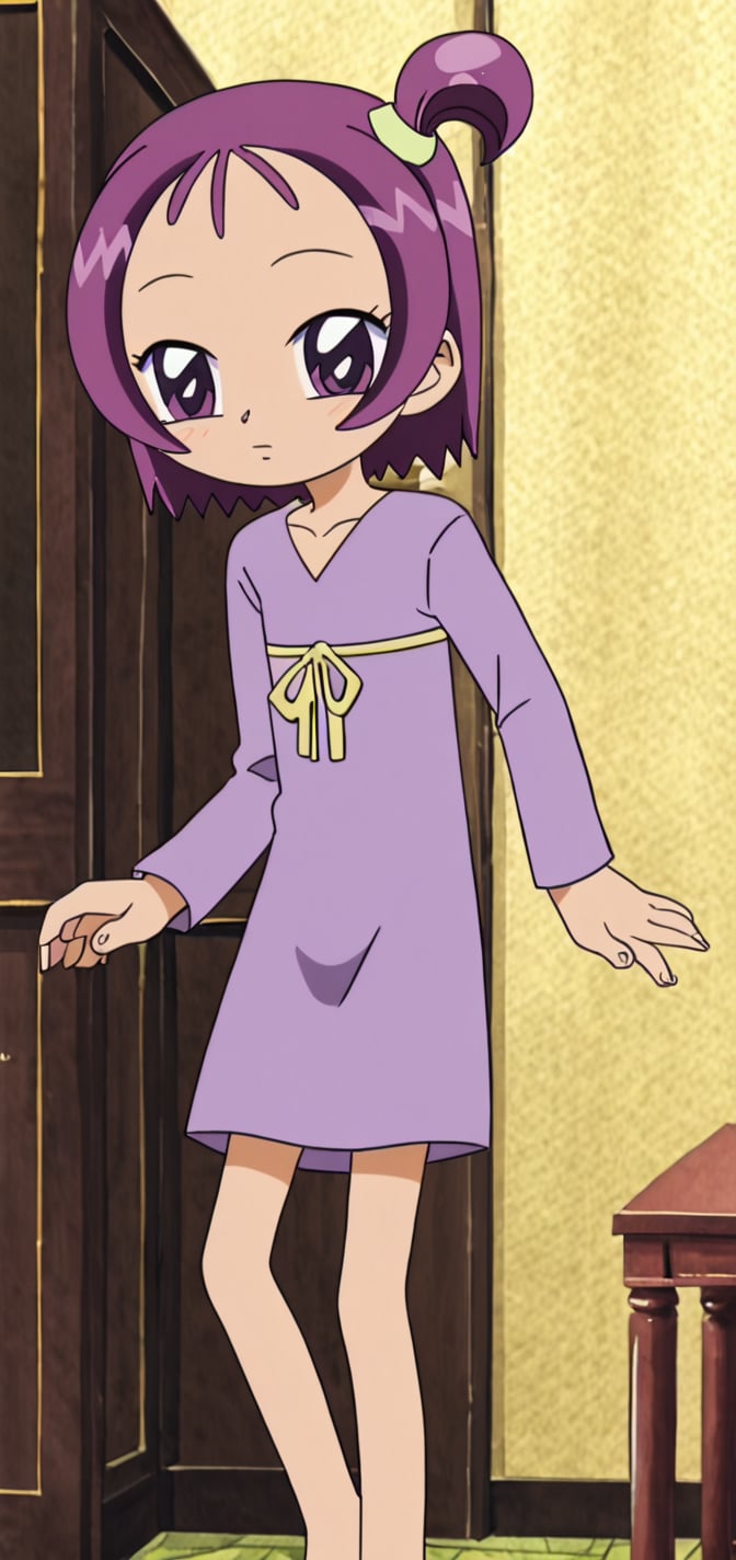 1girl, solo, , purple dress under yellow shirt, long sleeves, onpusegawa, short hair, purple hair, one side up, purple eyes