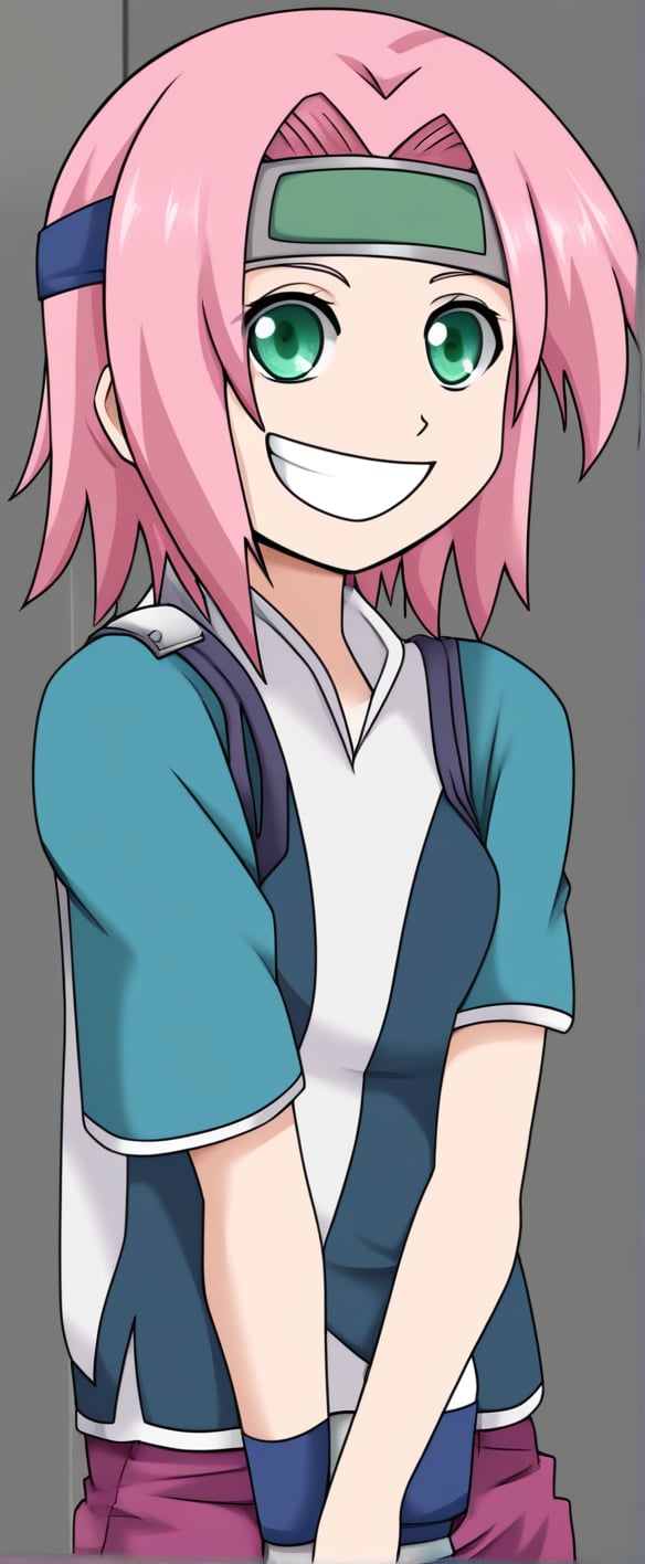 1girl, pink hair, short hair, green eyes, forehead protector, red t shirt, capped, slevees, pink  jeans, smile, Sakura