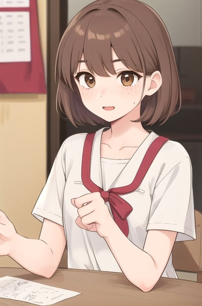 1girl, short hair, brown hair, dress, brown eyes, short sleeves, solo focus, table, freckles, kyoko1