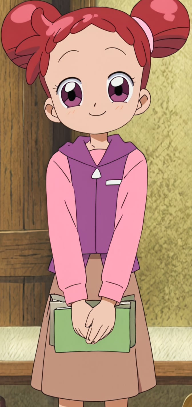 1girl, solo, Doremi Harukaze, short red hair, purple eyes, odango hairbuns, purple vest, pink shirt, brown skirt, long sleeves, smile