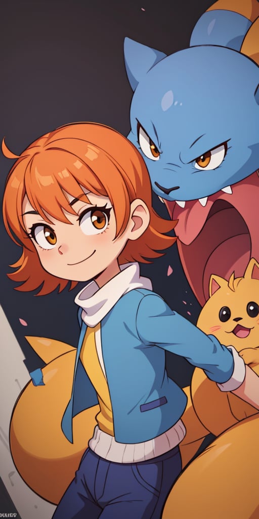 SoraDef, smile, short hair, orange hair,  yellow dress, white cardigan, orange eyes, digimon