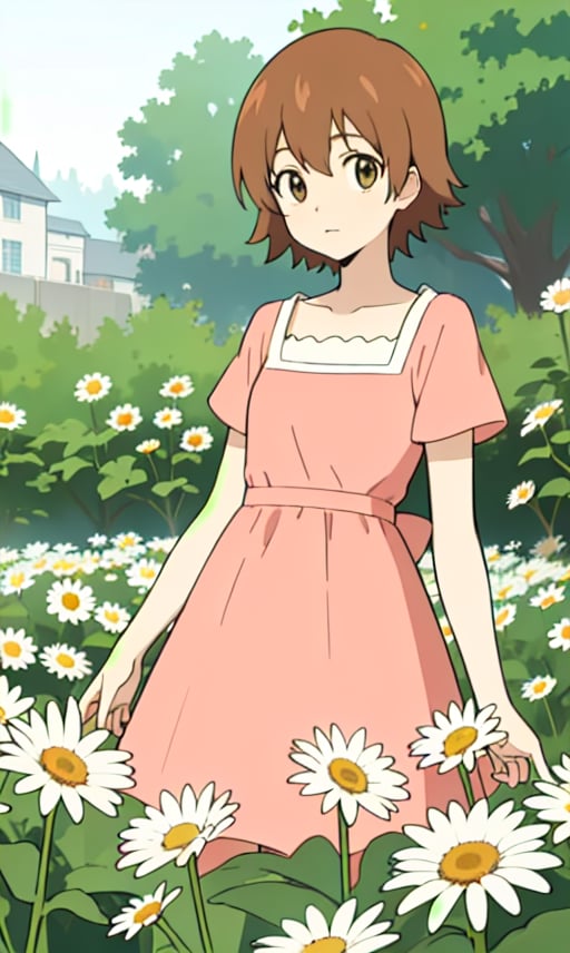 kyoko1, pink dress, flower Pattern dress, brown hair, brown hair, short hair, long slevess, looking at viewer, masterpiece, high quality, daytime, garden, outdoor, daisies,