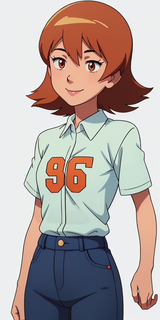  smile, short hair, orange hair, orange eyes, digimon 1girl, solo, smile simple background, shirt, white background,  standing, short sleeves, cowboy shot, collared shirt, pants, lips, denim, yellow shirt, jeans, realistic, arms at sides, head out of frame, helmet, sora_takenouchi