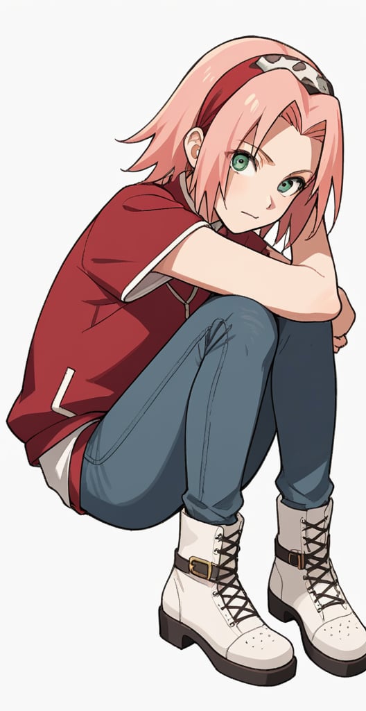 1girl, solo, simple background, brown hair, white background, animal print, leopard print,pink hair,green eyes,haruno sakura,sakura haruno,BREAK,source_anime,score_4_up,score_5_up,score_6_up,score_7_up,score_8_up,score_9, looking_at_viewer blue jeans, full body