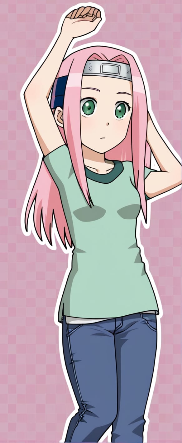 1girl, pink hair, long hair, green eyes, forehead protector, pink t shirt, raglan slevees, jeans,  Sakura