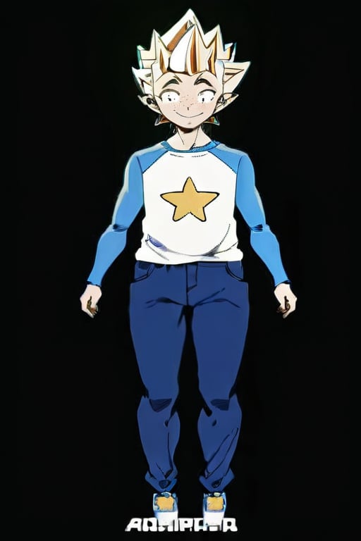 1boy spike hair, blue shirt, raglan sleeve, blue jeans, freckles, black eyes, smiling, blue shoes, masterpiece, best quality, 90’s