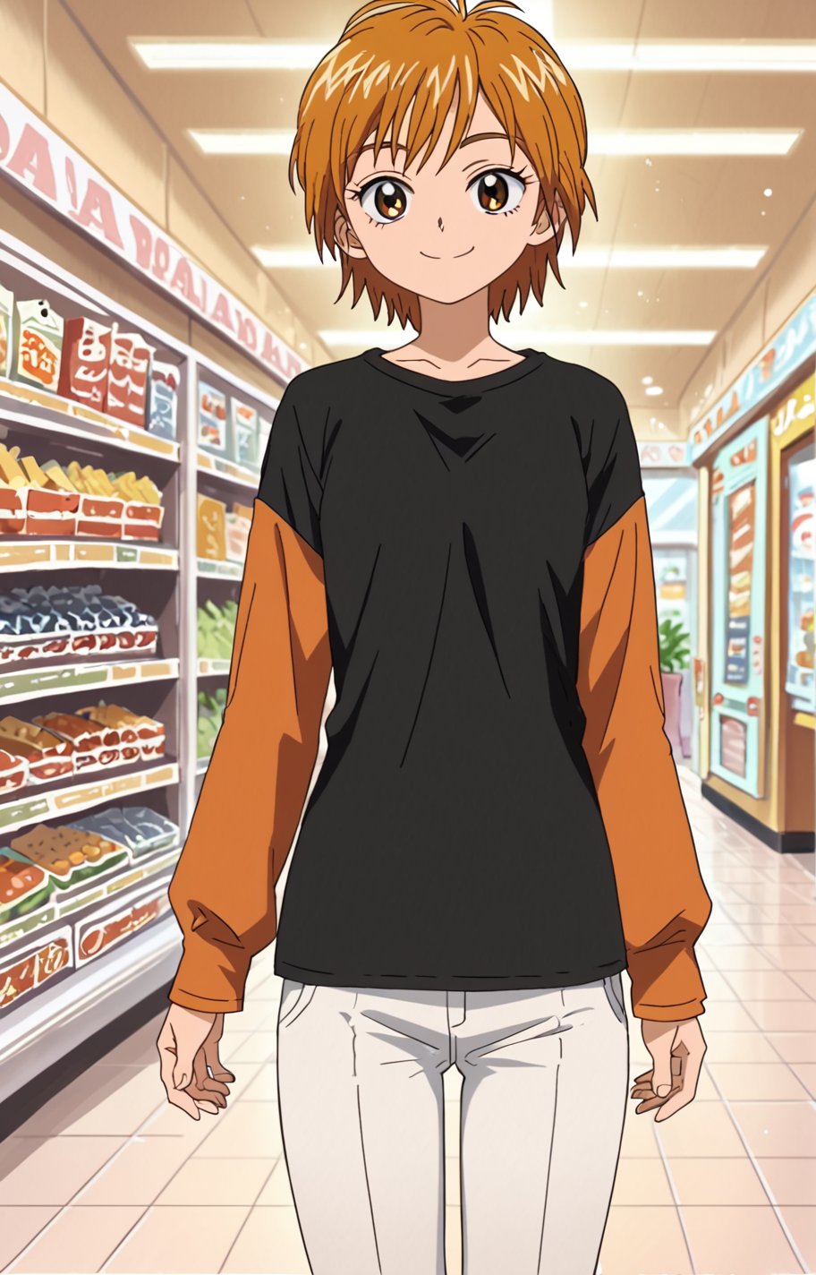 score_9, score_8_up, score_7_up, source_anime, 1girl, solo, nagisa misumi, short hair, brown hair, brown eyes, black shirt, orange sleeves, long sleeves,  indoors, smile, looking at viewer, solo, shoping mall, white pants, smile, 