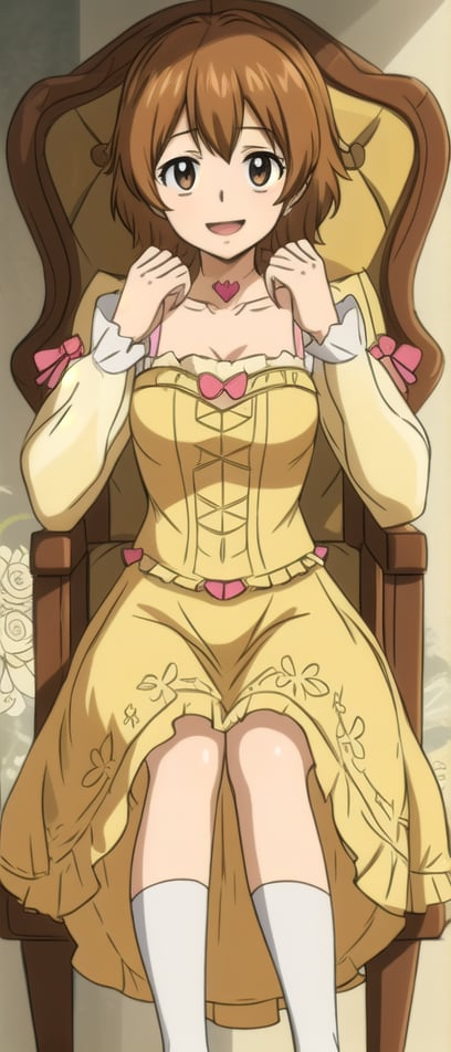 Kyoko sits majestically in a chair, her short, brown hair styled perfectly to frame her heart-shaped face. Her bright, brown eyes sparkle as she gazes directly at the viewer, a warm smile spreading across her face. She wears a stunning yellow dress with intricate flower patterns, its long sleeves and flowing skirt showcasing her elegance. Pink shoes add a pop of color to her outfit, while white socks peek out from beneath the hem. A masterpiece of a moment, captured in all its glory.