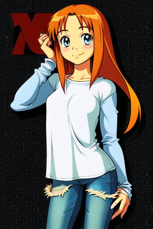 1girl, solo, long hair, looking at viewer, smile, blue eyes, simple background, shirt, long sleeves, standing, full body, red hair, shoes, pants, orange hair, denim, black background, sneakers, jeans